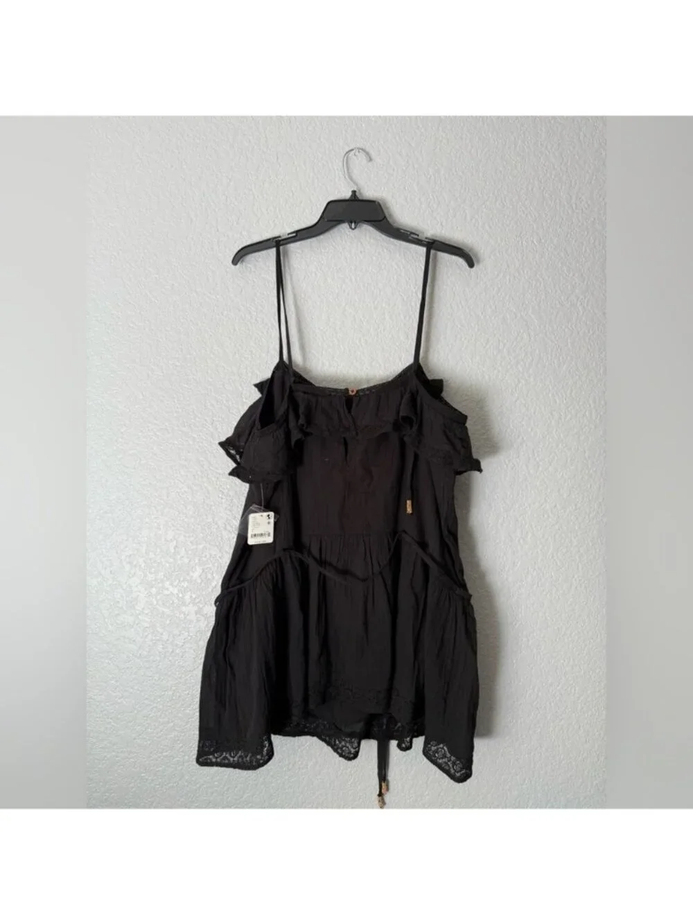 Free People Women's Black Ruffle Swim Cover Up Tunic Cotton Size L